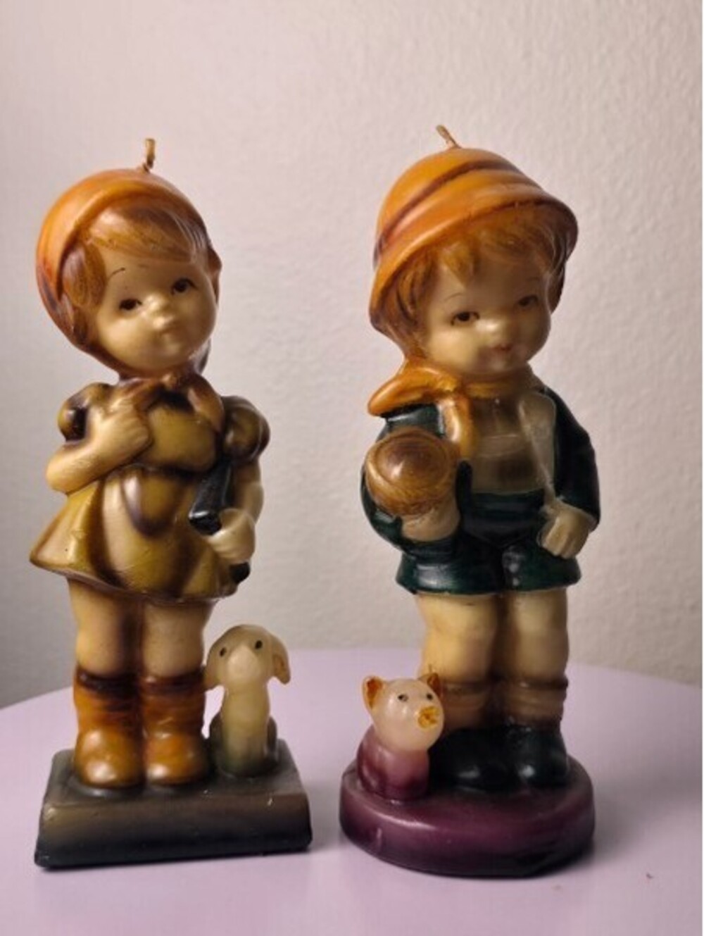 Vintage Hummel Style Wax Figurine Candles Boy & Girl with Animals Unburnt 6" Set